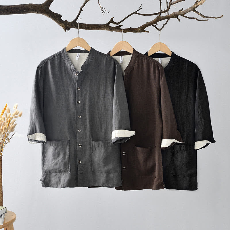 Camisa de lino para hombre con cuello alto, manga tres cuartos y bolsillos, color liso, con botones y estampado de Buddha Stones Fall - image 1