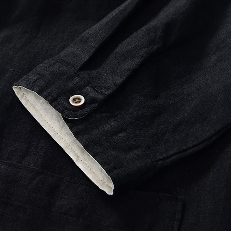 Camisa de lino para hombre con cuello alto, manga tres cuartos y bolsillos, color liso, con botones y estampado de Buddha Stones Fall - image 14