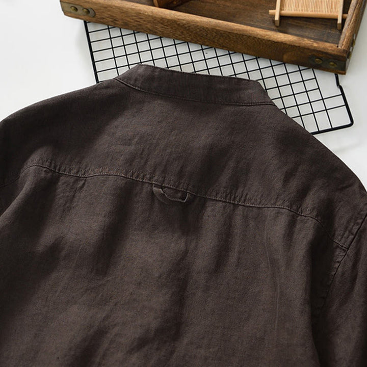 Camisa de lino para hombre con cuello alto, manga tres cuartos y bolsillos, color liso, con botones y estampado de Buddha Stones Fall - image 19