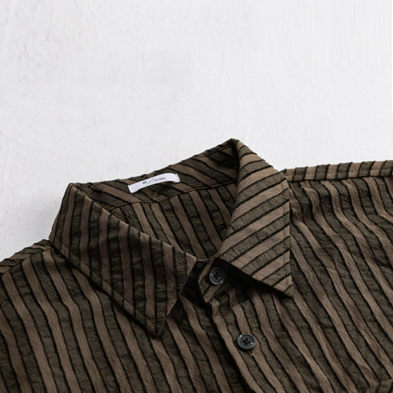 Camisa de algodón de manga larga con cuello alto, botones y rayas vintage para hombre de Buddha Stones - image 10