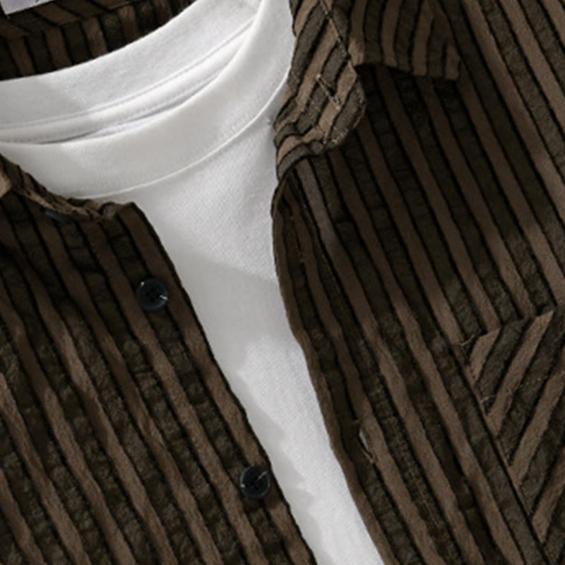 Camisa de algodón de manga larga con cuello alto, botones y rayas vintage para hombre de Buddha Stones - image 9