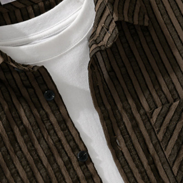 Camisa de algodón de manga larga con cuello alto, botones y rayas vintage para hombre de Buddha Stones - image 9