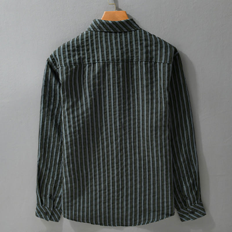 Camisa de algodón de manga larga con cuello alto, botones y rayas vintage para hombre de Buddha Stones - image 1