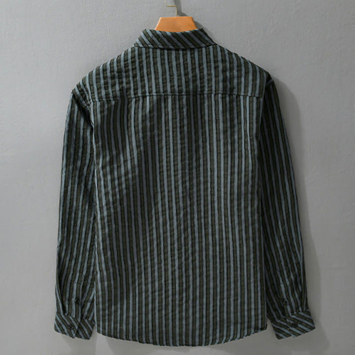 Camisa de algodón de manga larga con cuello alto, botones y rayas vintage para hombre de Buddha Stones - image 1