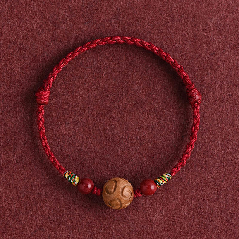 Pulsera de cuerda de madera de melocotón natural con Buddha Stones talladas y patrón auspicioso - Cuerda roja oscura (circunferencia de la muñeca: 13-18 cm) - image 9