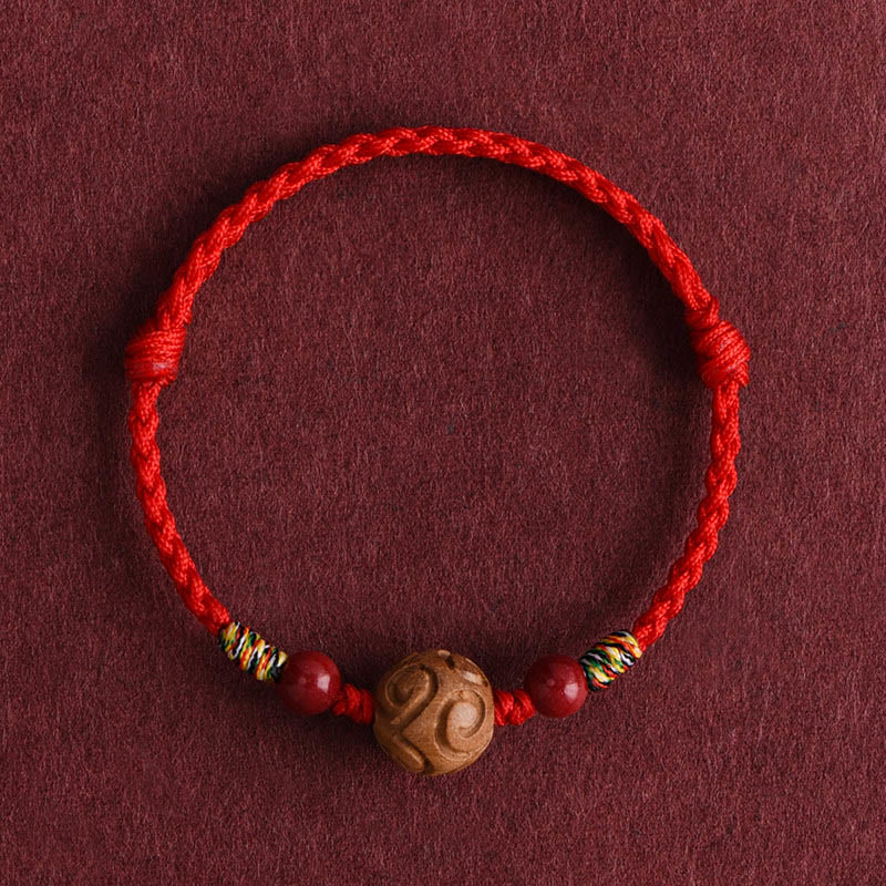 Pulsera de cuerda de madera de melocotón natural con Buddha Stones talladas y patrón auspicioso - Cuerda roja (circunferencia de la muñeca: 13-18 cm) - image 1