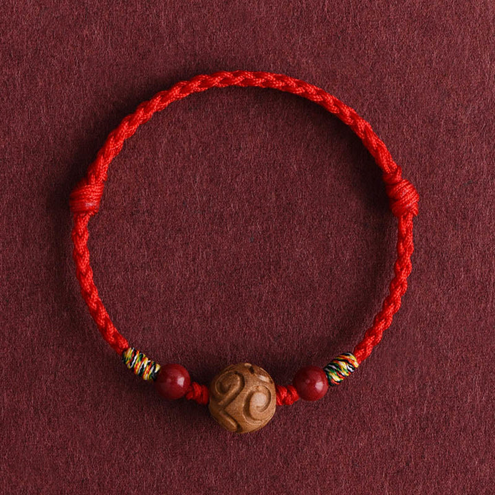 Pulsera de cuerda de madera de melocotón natural con Buddha Stones talladas y patrón auspicioso - Cuerda roja (circunferencia de la muñeca: 13-18 cm) - image 1
