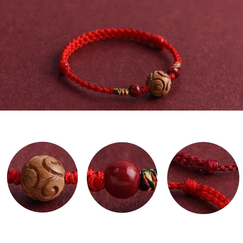 Pulsera de cuerda de madera de melocotón natural con Buddha Stones talladas y patrón auspicioso - image 4