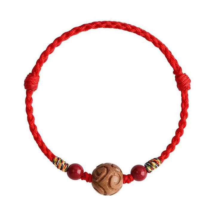 Pulsera de cuerda de madera de melocotón natural con Buddha Stones talladas y patrón auspicioso - image 5