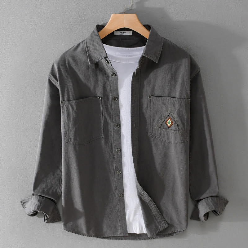 Camisa de algodón de manga larga para hombre con cuello alto, botones y bolsillos decorativos con diseño de rombos y triángulos otoñales y Buddha Stones - Gris - US/UK/AU42, EU52 (3XL) - image 0