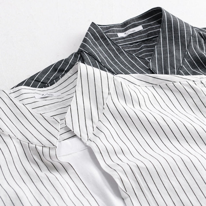 Camisa de algodón de manga larga con cuello alto y rayas 2 en 1 para hombre Buddha Stones Fall - image 17