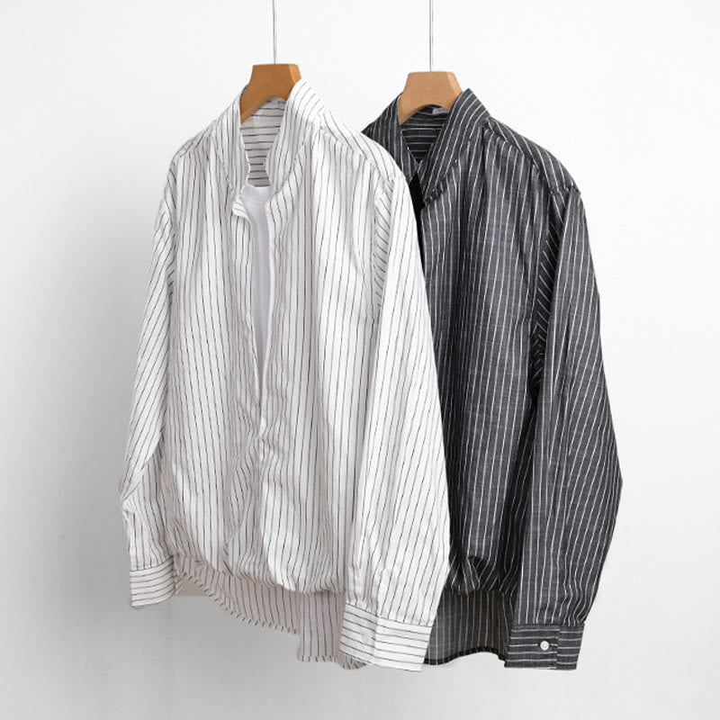 Camisa de algodón de manga larga con cuello alto y rayas 2 en 1 para hombre Buddha Stones Fall - image 15