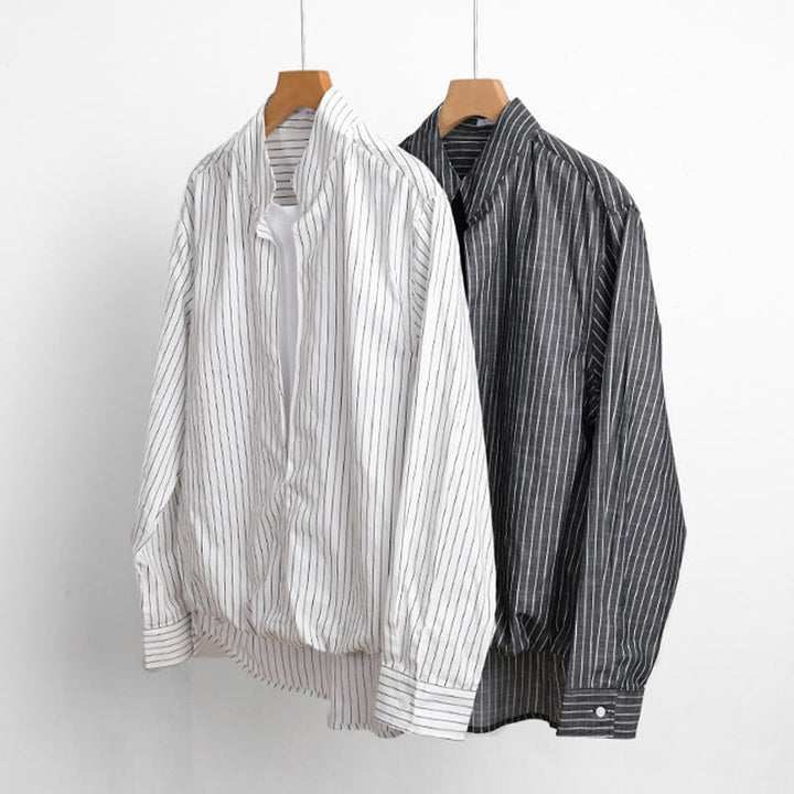 Camisa de algodón de manga larga con cuello alto y rayas 2 en 1 para hombre Buddha Stones Fall - image 15