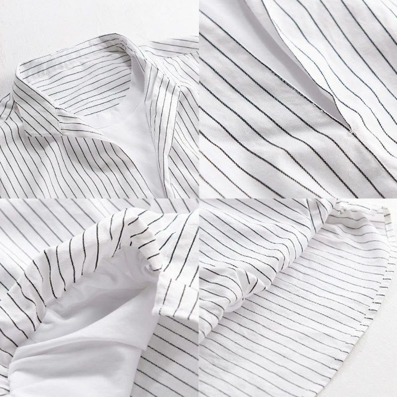 Camisa de algodón de manga larga con cuello alto y rayas 2 en 1 para hombre Buddha Stones Fall - image 3