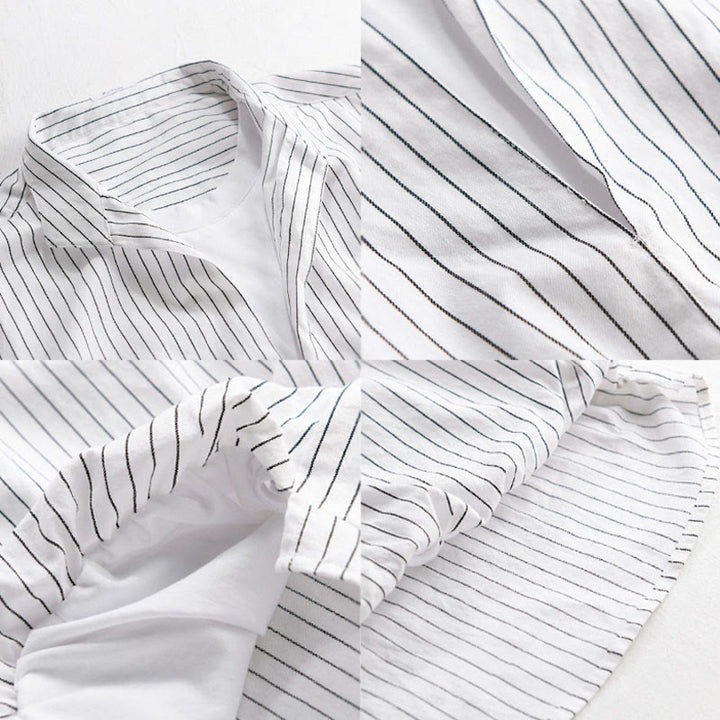 Camisa de algodón de manga larga con cuello alto y rayas 2 en 1 para hombre Buddha Stones Fall - image 3