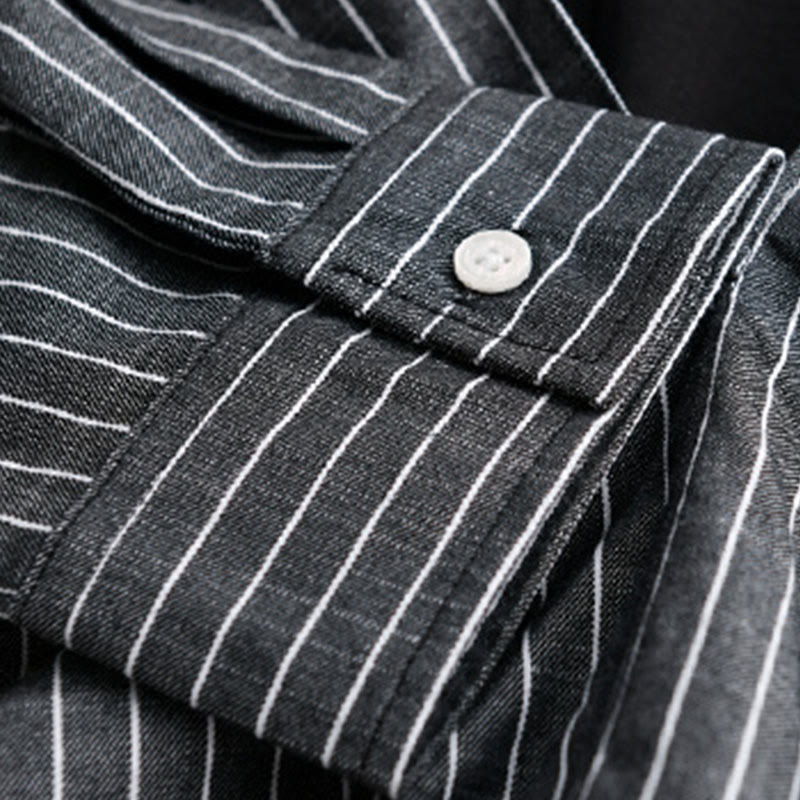 Camisa de algodón de manga larga con cuello alto y rayas 2 en 1 para hombre Buddha Stones Fall - image 14