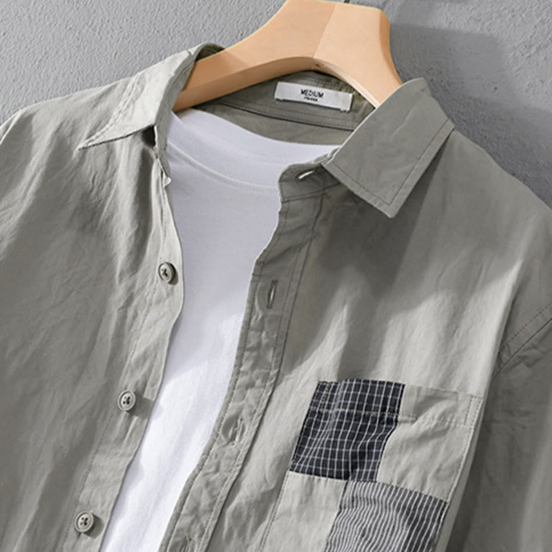 Camisa de algodón de manga larga para hombre, con Buddha Stones, bloques de color, bolsillos decorativos, botones y cuello alto. - image 1