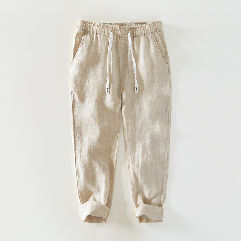 Pantalones de lino hasta el tobillo para hombre con cintura elástica y cordón ajustable con Buddha Stones y bolsillos - Beige - US/UK/AU44, EU54 (4XL) - image 0