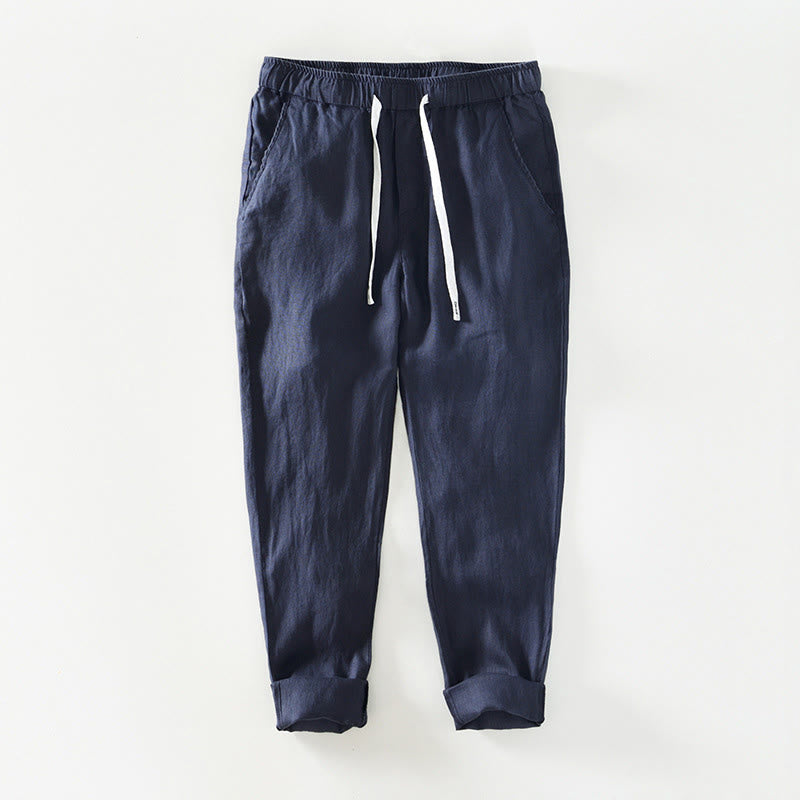 Pantalones de lino hasta el tobillo para hombre con cintura elástica y cordón ajustable con Buddha Stones y bolsillos - Azul medianoche - US/UK/AU44, EU54 (4XL) - image 8