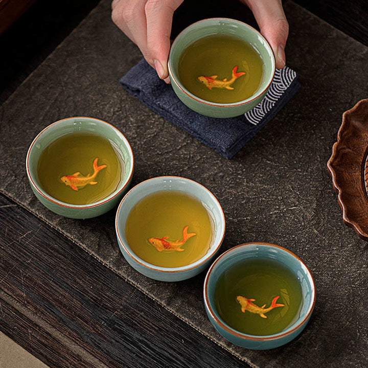 Taza de té de cerámica con diseño de pez koi pintado a mano con Buddha Stones, 50 ml - image 10