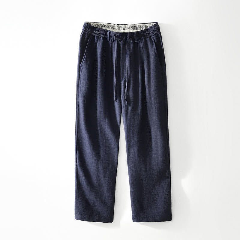 Pantalones rectos de lino con cintura elástica y cordón ajustable para hombre, con Buddha Stones caídas, y bolsillos. - Azul acero - US/UK/AU42, EU52 (3XL) - image 0