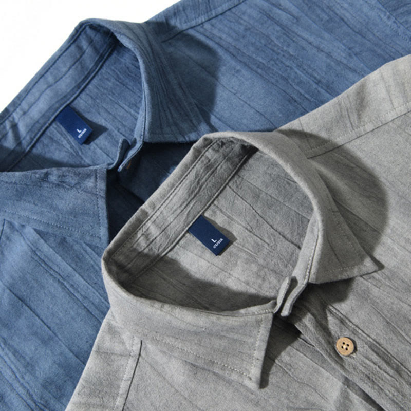 Camisa de algodón y ramio de manga corta con diseño plisado liso de verano para hombre con medio botón y diseño de Buddha Stones - image 13