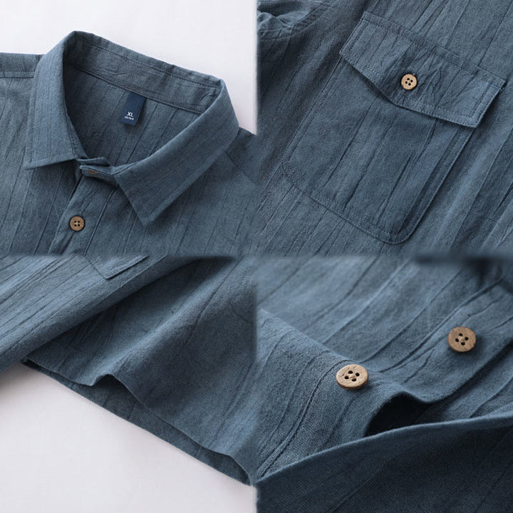 Camisa de algodón y ramio de manga corta con diseño plisado liso de verano para hombre con medio botón y diseño de Buddha Stones - image 9