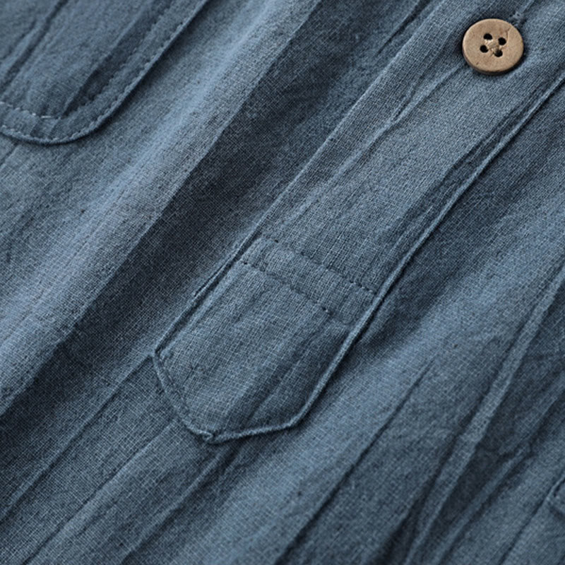 Camisa de algodón y ramio de manga corta con diseño plisado liso de verano para hombre con medio botón y diseño de Buddha Stones - image 2