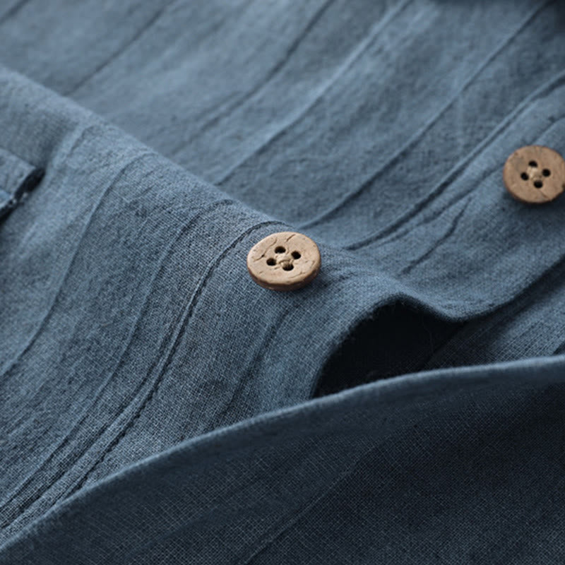 Camisa de algodón y ramio de manga corta con diseño plisado liso de verano para hombre con medio botón y diseño de Buddha Stones - image 3