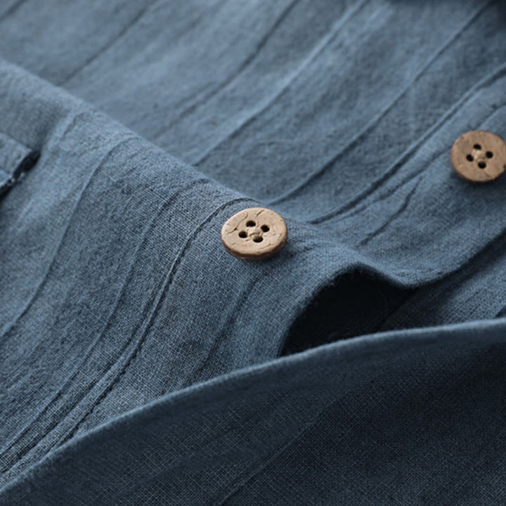 Camisa de algodón y ramio de manga corta con diseño plisado liso de verano para hombre con medio botón y diseño de Buddha Stones - image 3