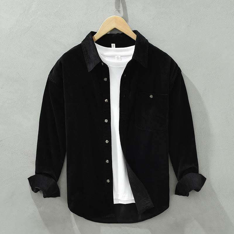 Camisa de pana de algodón para hombre, manga larga, cuello alto, botones y bolsillo decorativo con Buddha Stones en otoño - Negro - US/UK/AU42, EU52 (3XL) - image 14