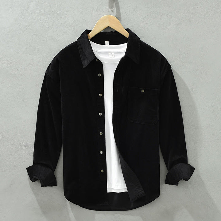 Camisa de pana de algodón para hombre, manga larga, cuello alto, botones y bolsillo decorativo con Buddha Stones en otoño - Negro - US/UK/AU42, EU52 (3XL) - image 14