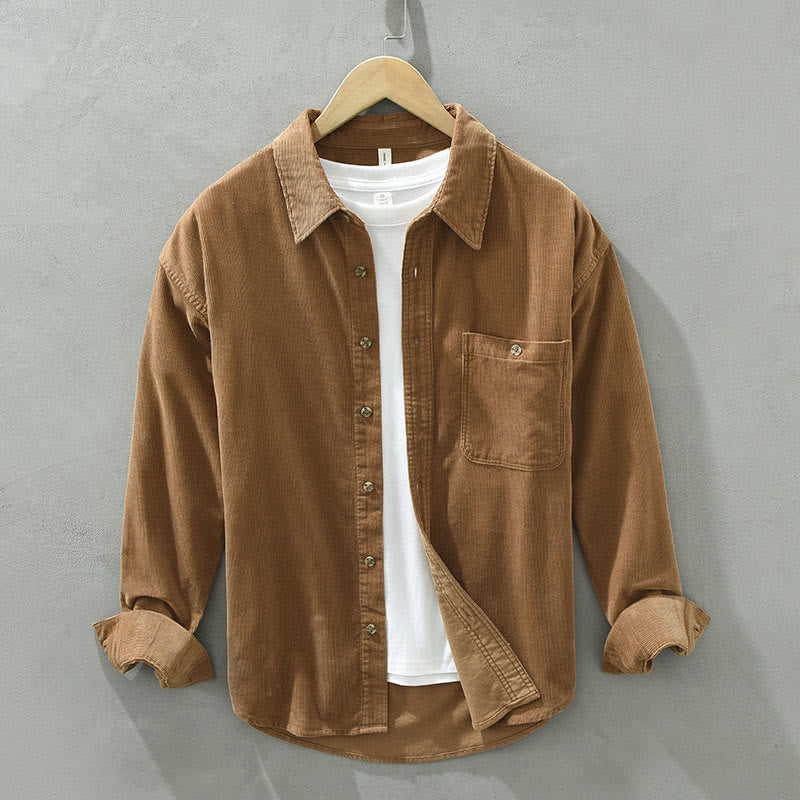 Camisa de pana de algodón para hombre, manga larga, cuello alto, botones y bolsillo decorativo con Buddha Stones en otoño - Sandy Brown - US/UK/AU42, EU52 (3XL) - image 0