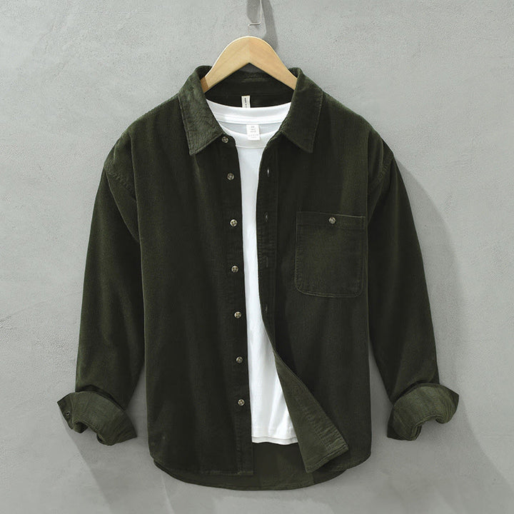 Camisa de pana de algodón para hombre, manga larga, cuello alto, botones y bolsillo decorativo con Buddha Stones en otoño - Aceituna - US/UK/AU42, EU52 (3XL) - image 9