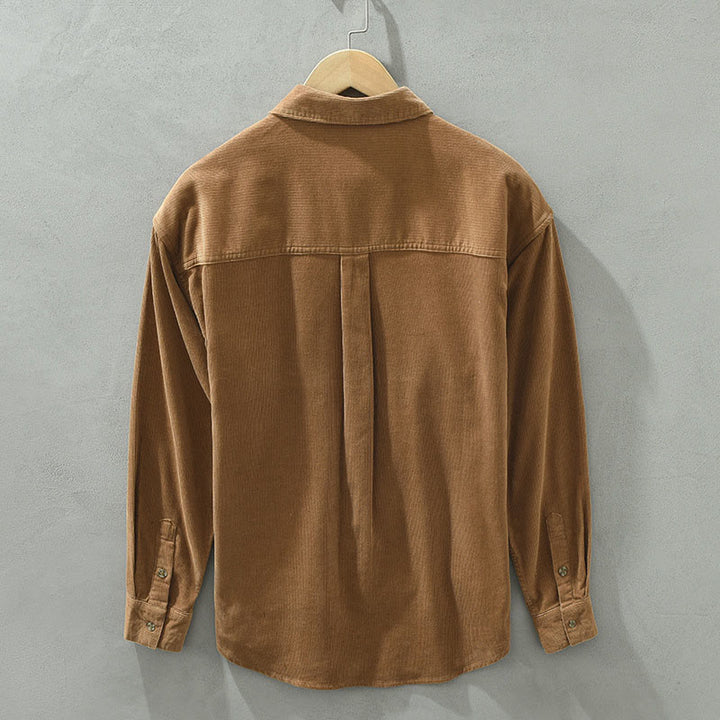 Camisa de pana de algodón para hombre, manga larga, cuello alto, botones y bolsillo decorativo con Buddha Stones en otoño - image 1