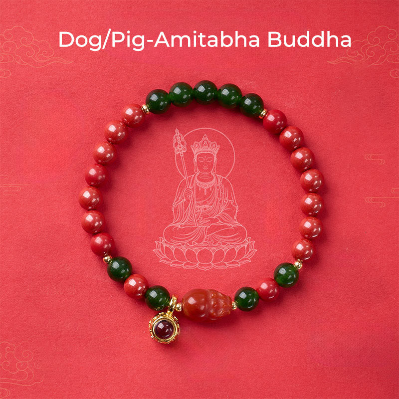 Pulsera con micrograbado de Buddha Stones y bendición de cinabrio del zodíaco chino. - Perro/Cerdo-Buda Amitabha - image 20