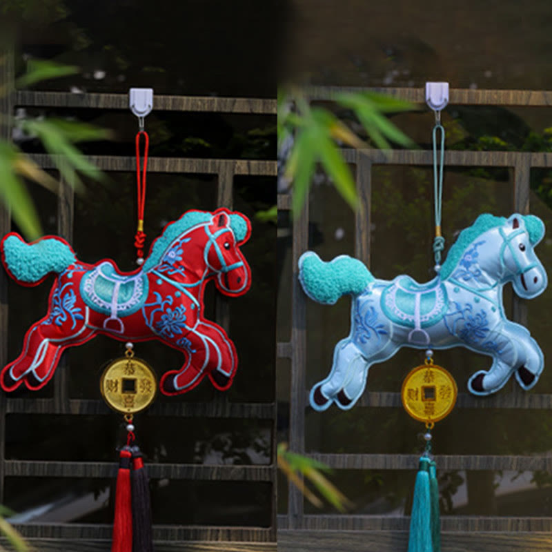 Buddha Stones bordadas con el Año del Caballo, monedas de cobre, campana, borla, riqueza, éxito, decoración colgante - image 6