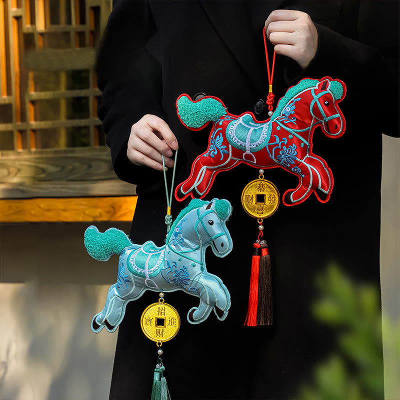 Buddha Stones bordadas con el Año del Caballo, monedas de cobre, campana, borla, riqueza, éxito, decoración colgante - image 0
