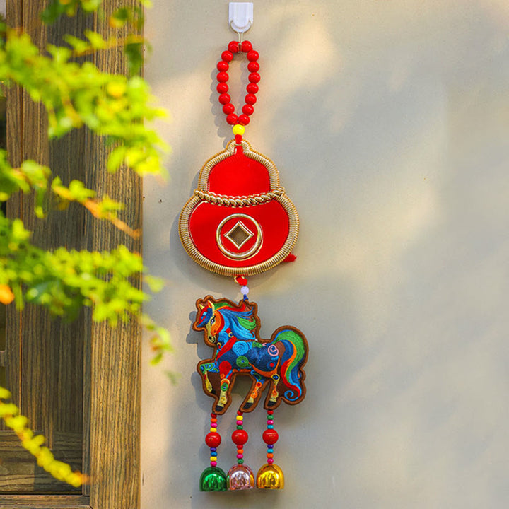 Buddha Stones, Año del Caballo, Bordado, Bolsa de Dinero, Calabaza, Monedas de Cobre, Campana, Amuleto, Decoración Colgante para el Éxito - Caballo marrón y calabaza (12 x 43 cm) - image 5