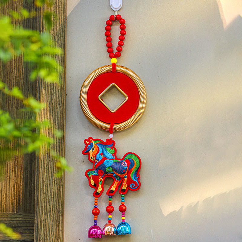 Buddha Stones, Año del Caballo, Bordado, Bolsa de Dinero, Calabaza, Monedas de Cobre, Campana, Amuleto, Decoración Colgante para el Éxito - Caballo rojo y monedas de cobre (12 x 42 cm) - image 13