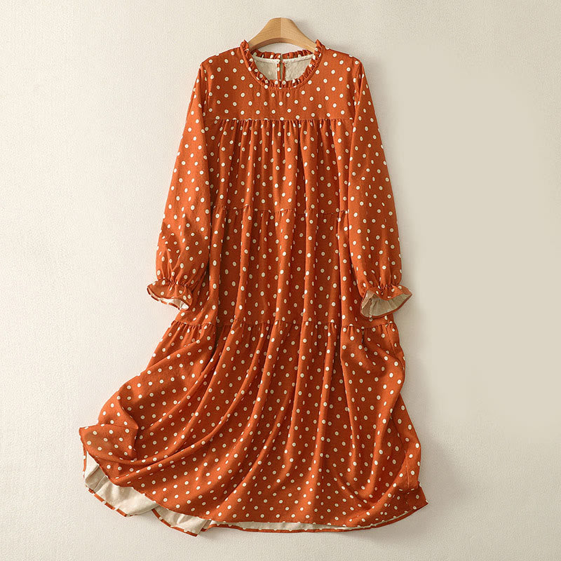 Vestido midi de algodón para mujer, con cuello redondo, manga larga y diseño de lunares otoñales y Buddha Stones - Coral - US14，UK/AU18，EU46 (2XL) - image 0
