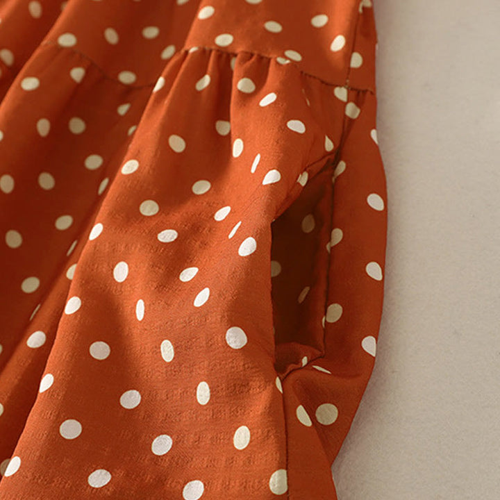 Vestido midi de algodón para mujer, con cuello redondo, manga larga y diseño de lunares otoñales y Buddha Stones - image 5