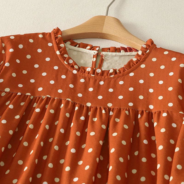 Vestido midi de algodón para mujer, con cuello redondo, manga larga y diseño de lunares otoñales y Buddha Stones - image 2