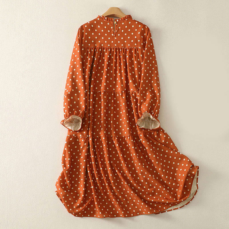 Vestido midi de algodón para mujer, con cuello redondo, manga larga y diseño de lunares otoñales y Buddha Stones - image 1