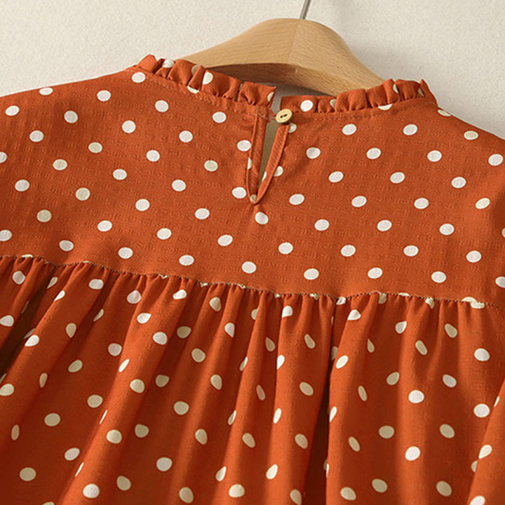 Vestido midi de algodón para mujer, con cuello redondo, manga larga y diseño de lunares otoñales y Buddha Stones - image 3