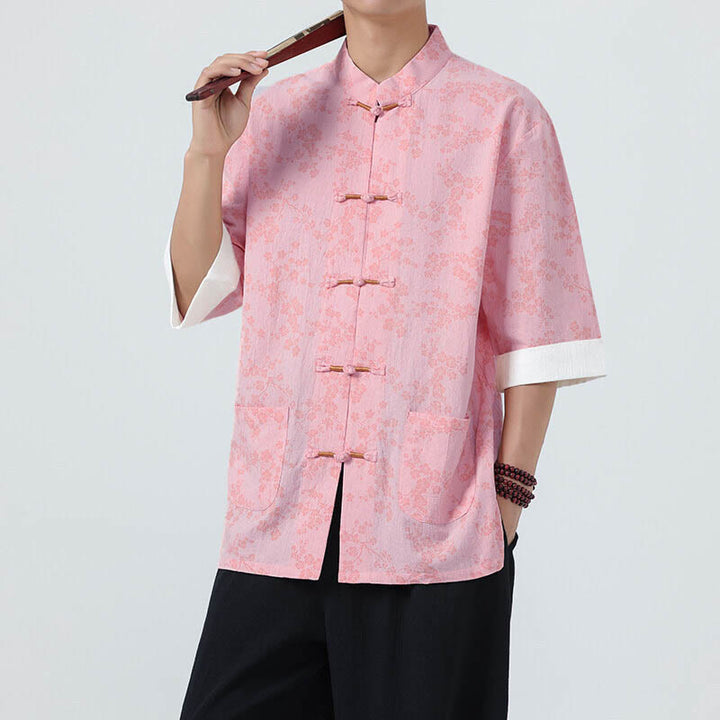 Camisa de lino y algodón de manga corta para hombre con estampado de flores de durazno de verano y Buddha Stones , con botones de rana china - Rosa - US/UK/AU46, EU56 (5XL) - image 12