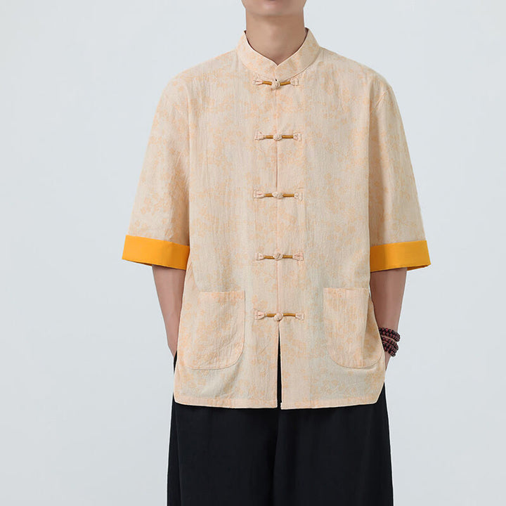 Camisa de lino y algodón de manga corta para hombre con estampado de flores de durazno de verano y Buddha Stones , con botones de rana china - Sopa de mariscos - US/UK/AU46, EU56 (5XL) - image 9