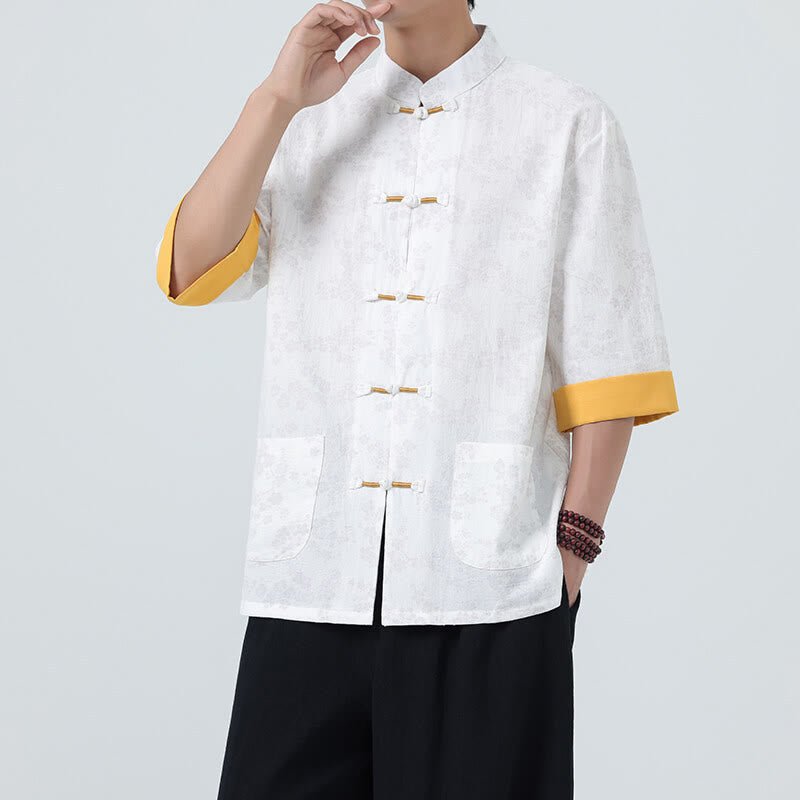 Camisa de lino y algodón de manga corta para hombre con estampado de flores de durazno de verano y Buddha Stones , con botones de rana china - Blanco - US/UK/AU46, EU56 (5XL) - image 15