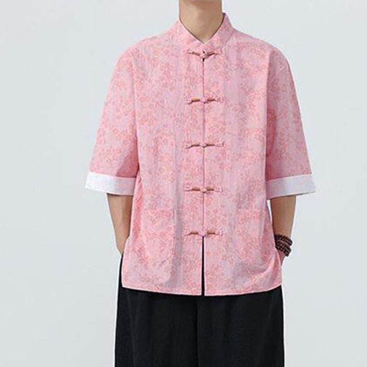 Camisa de lino y algodón de manga corta para hombre con estampado de flores de durazno de verano y Buddha Stones , con botones de rana china - image 13