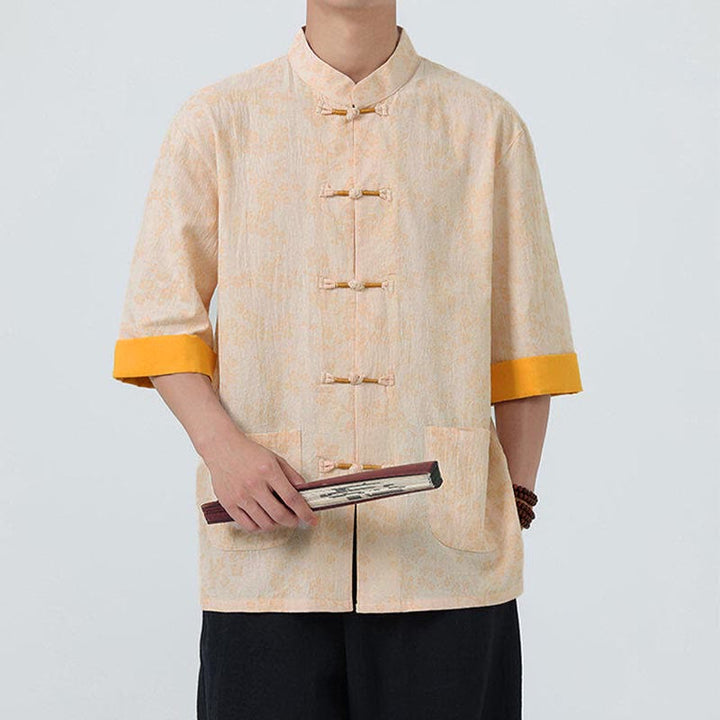 Camisa de lino y algodón de manga corta para hombre con estampado de flores de durazno de verano y Buddha Stones , con botones de rana china - image 10
